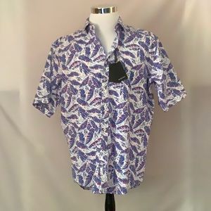 Bugatchi Classic Fit Short Sleeved Cotton Button Down Size L Royal NWT